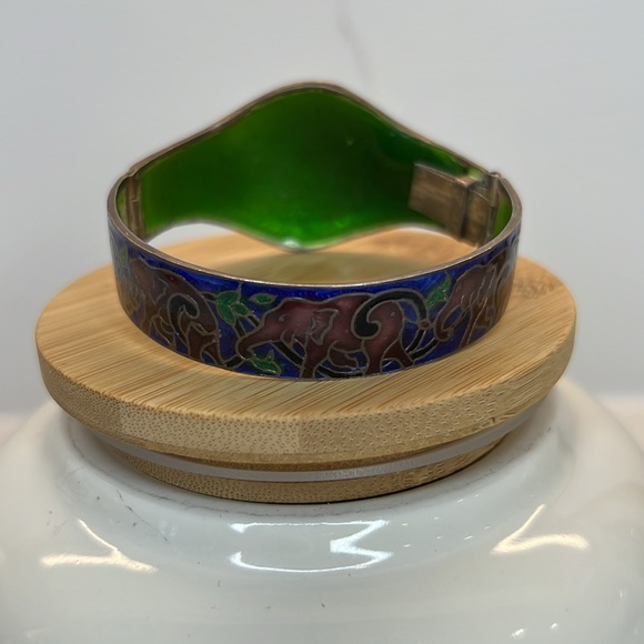 Rajasthani sterling silver coloured enamel elephant hinged cuff bracelet VNTG. - Picture 4 of 10
